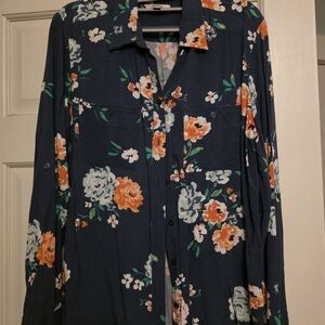 LOFT Navy Button-Down Shirt with Orange & White Floral Print